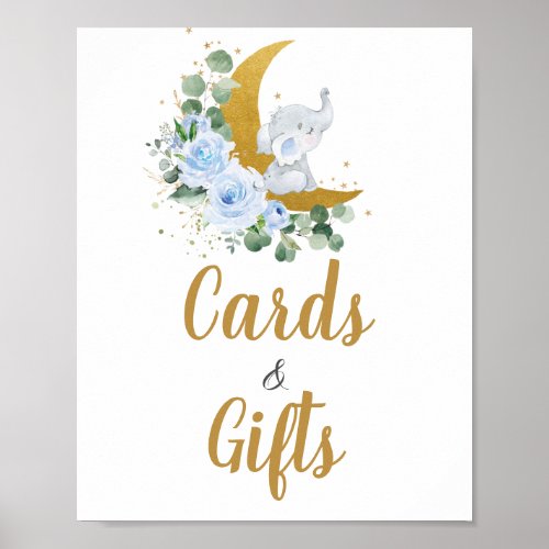 Blue Floral Greenery Elephant Moon Cards and Gifts Poster