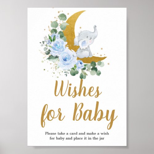 Blue Floral Greenery Elephant Moon Wishes for Baby Poster