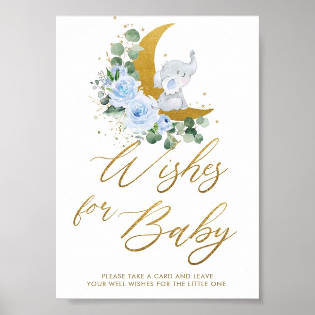 Blue Floral Greenery Elephant Wishes for Baby Sign (Front)