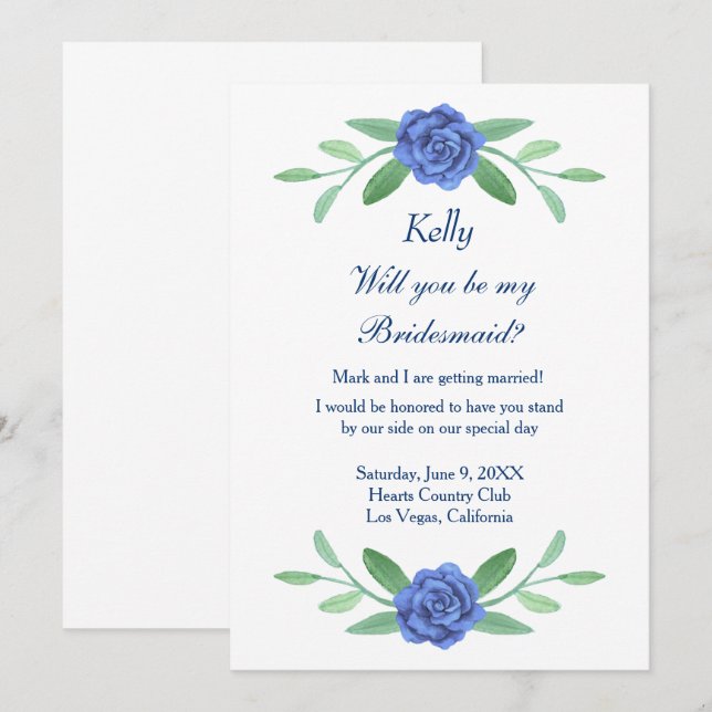 Blue Floral Greenery Foliage Bridesmaid Card (Front/Back)