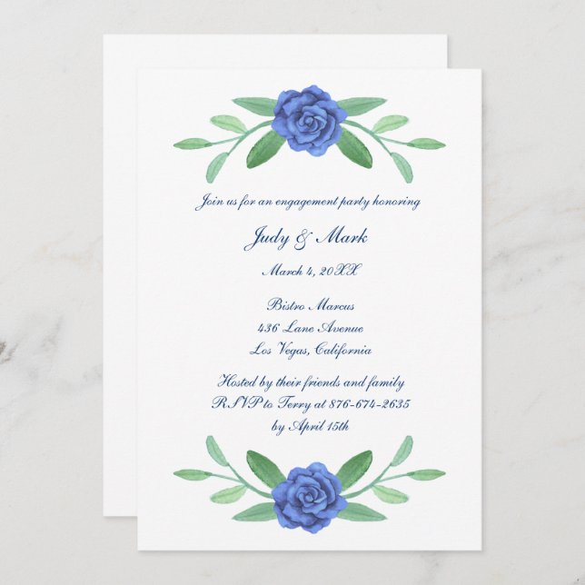 Blue Floral Greenery Foliage Engagement Party Invitation (Front/Back)