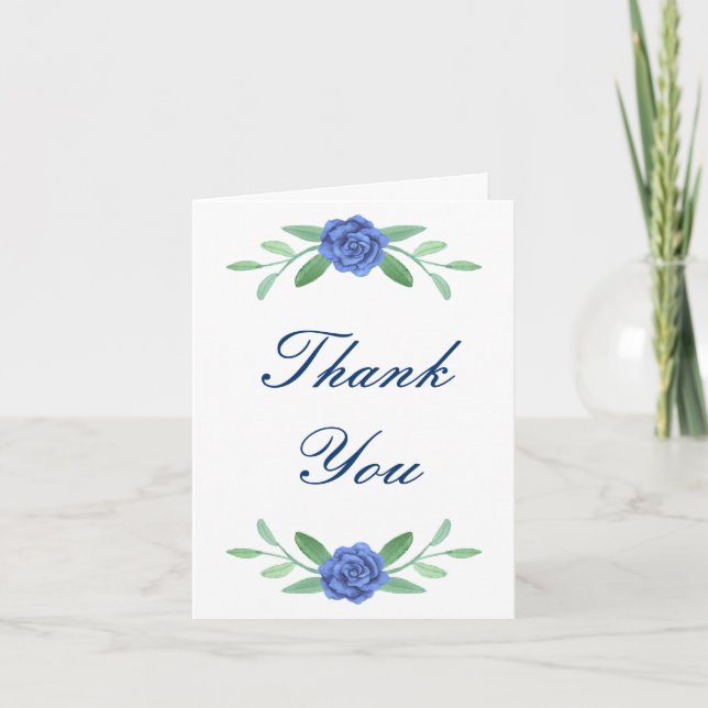 Blue Floral Greenery Foliage Thank You Card (Front)