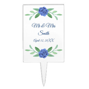 Blue Floral Greenery Foliage Wedding Cake Topper