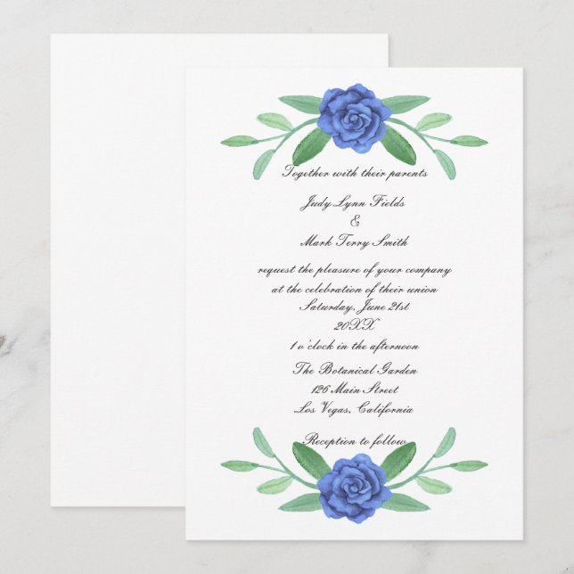 Blue Floral Greenery Foliage Wedding Invitation (Front/Back)