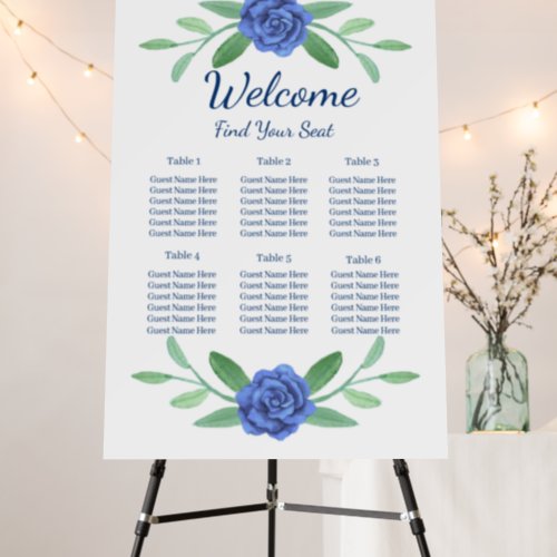 Blue Floral Greenery Foliage Wedding Seating Chart Foam Board