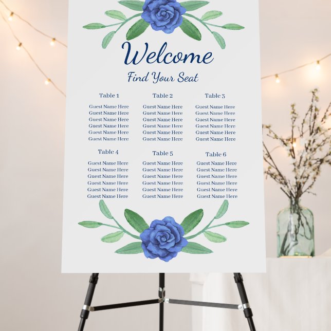 Blue Floral Greenery Foliage Wedding Seating Chart Foam Board (In Situ (Stand))