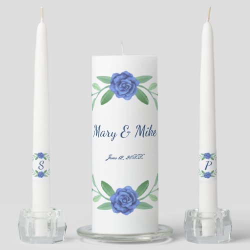 Blue Floral Greenery Foliage Wedding Unity Candle Set