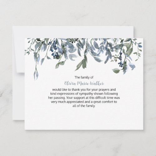 Blue Floral Greenery Funeral Script Thank You