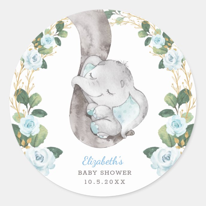 Blue Floral Greenery Gold Baby Elephant Shower Classic Round Sticker