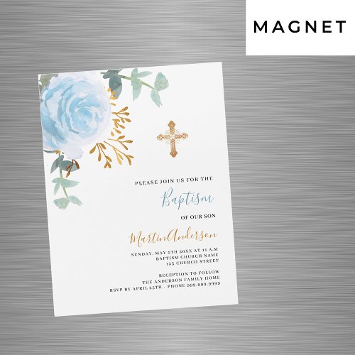 Blue floral greenery gold cross boy luxury baptism magnetic invitation