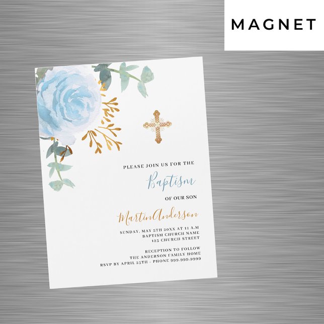 Blue floral greenery gold cross boy luxury baptism magnetic invitation (Creator Uploaded)