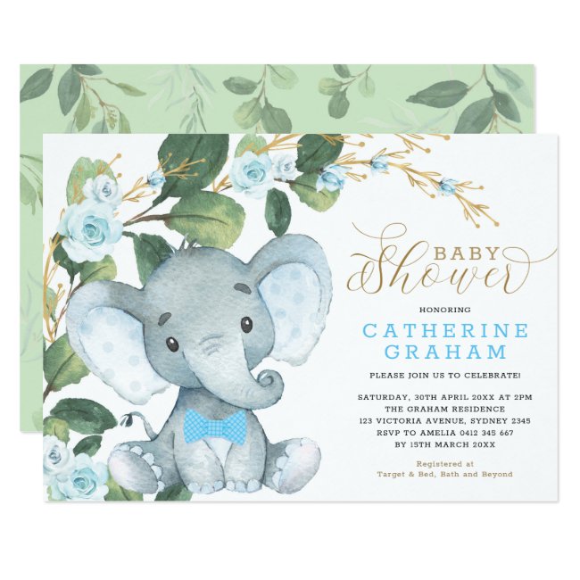 Blue Floral Greenery Gold Elephant Baby Shower Invitation
