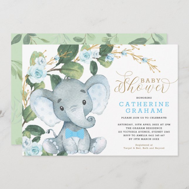 Blue Floral Greenery Gold Elephant Baby Shower Invitation (Front/Back)