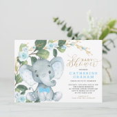 Blue Floral Greenery Gold Elephant Baby Shower Invitation (Standing Front)