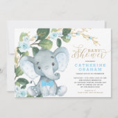 Blue Floral Greenery Gold Elephant Baby Shower Invitation (Front)