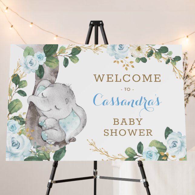 Blue Floral Greenery Gold Elephant Baby Welcome Foam Board (In Situ (Stand))