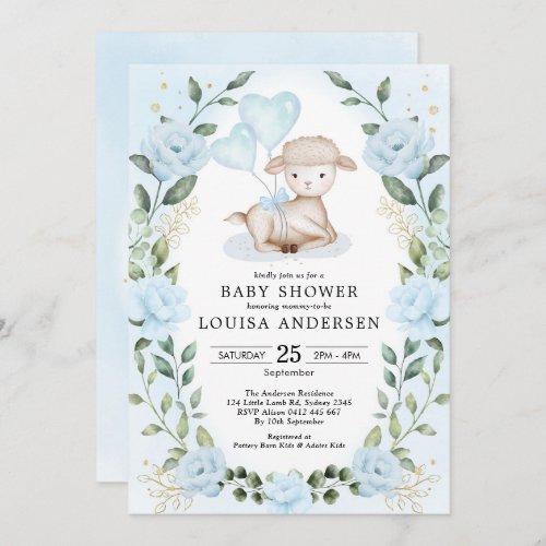 Blue Floral Greenery Little Lamb Baby Sheep Shower Invitation
