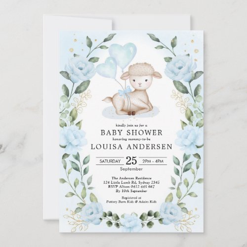 Blue Floral Greenery Little Lamb Baby Sheep Shower Invitation