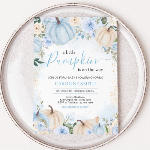 Blue Floral Greenery Little Pumpkin Baby Shower Invitation