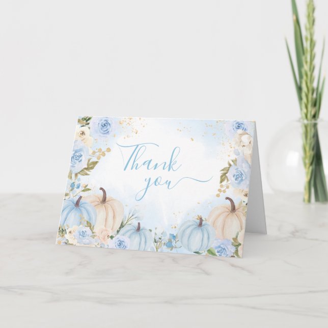Blue Floral Greenery Little Pumpkin Thank you Card (Front)