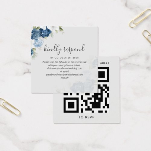Blue Floral Greenery QR Code Wedding RSVP Card