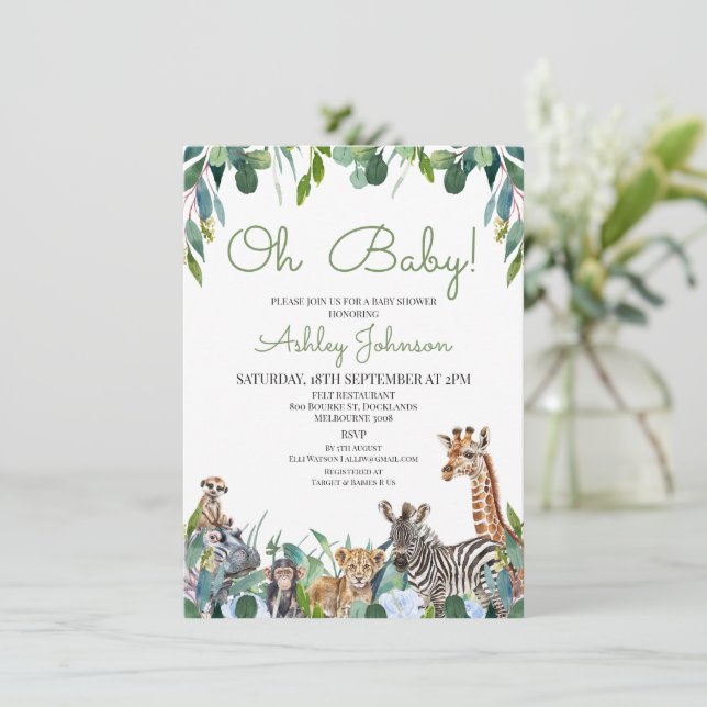 Blue Floral Greenery Safari Baby Shower Invitation (Standing Front)