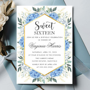 Blue Floral Greenery Sweet Sixteen 16 Birthday Invitation