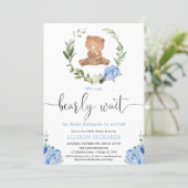 Blue floral greenery teddy bear boy baby shower invitation (Standing Front)