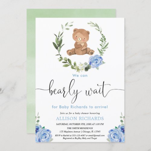 Blue floral greenery teddy bear boy baby shower invitation