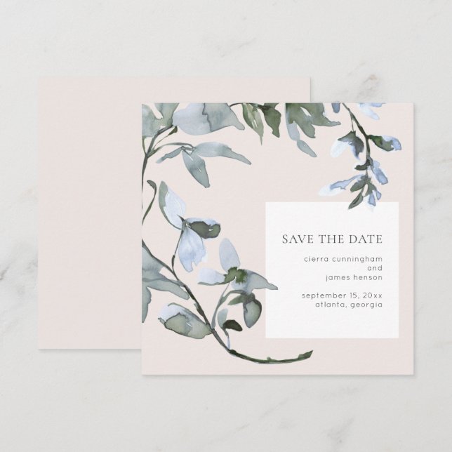 Blue Floral Greenery Wedding Save the Date Card (Front/Back)
