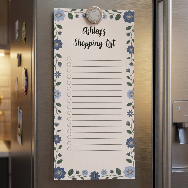 Blue Floral Grocery Shopping List Magnetic Notepad (Creator Uploaded)