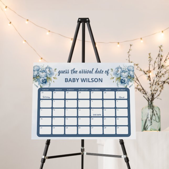 Blue Floral Guess Arrival Date Baby Shower Game Foam Board (In Situ (Stand))