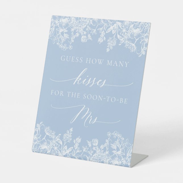Blue Floral Guess How Many Kisses Bridal Shower Pedestal Sign (Front)