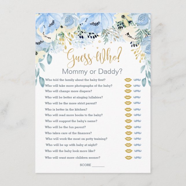 Blue Floral Guess Who Baby Shower Games Enclosure Card (Back)