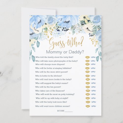 Blue Floral Guess Who Baby Shower Games Invitation