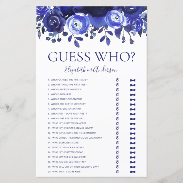 Blue Floral Guess Who Bridal Shower Game (Front)