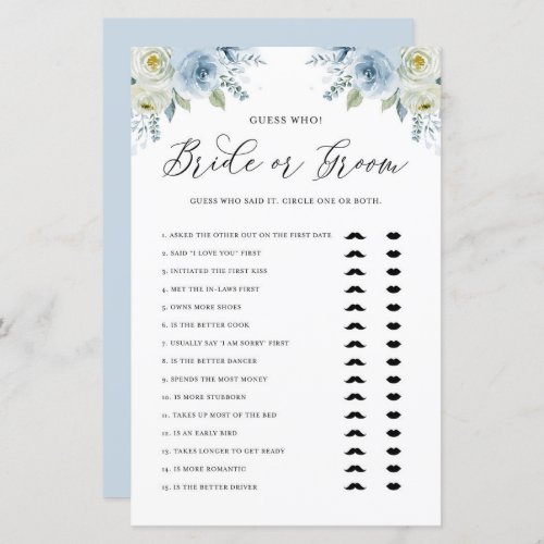 Blue Floral Guess Who Bride or Groom Shower Game