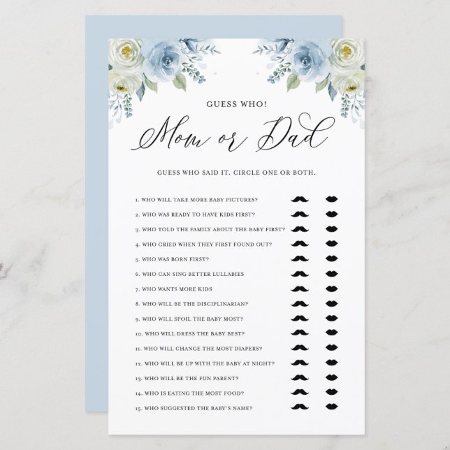 Blue Floral Guess Who Mom or Dad Baby Shower Game (Front/Back)