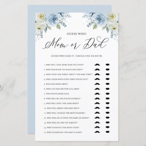 Blue Floral Guess Who Mom or Dad Baby Shower Game