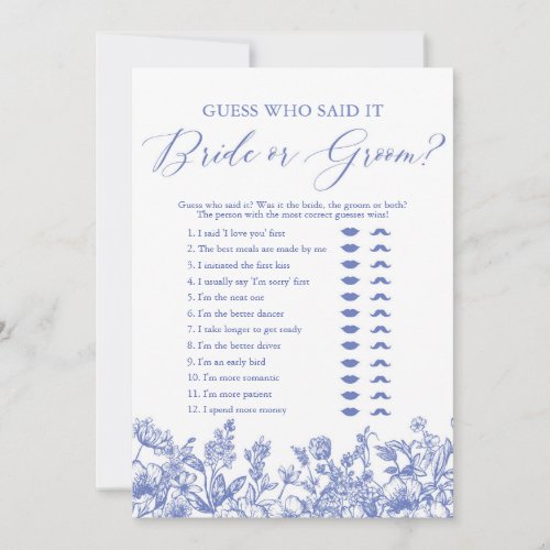 Blue Floral Guess Who Said It Bride or Groom Game Invitation