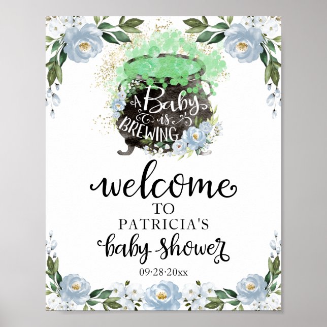 Blue Floral Halloween Baby Shower Welcome Sign  (Front)
