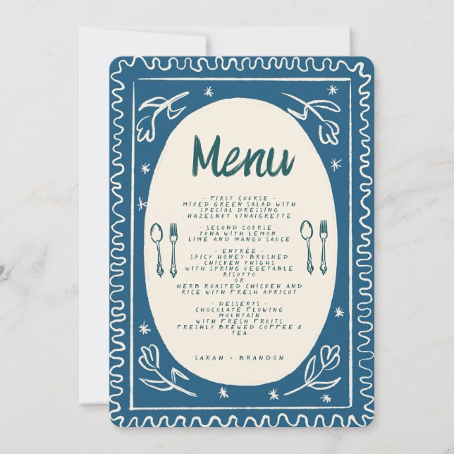 Blue Floral Handwritting Modern Wedding  Menu Invi Invitation (Front)