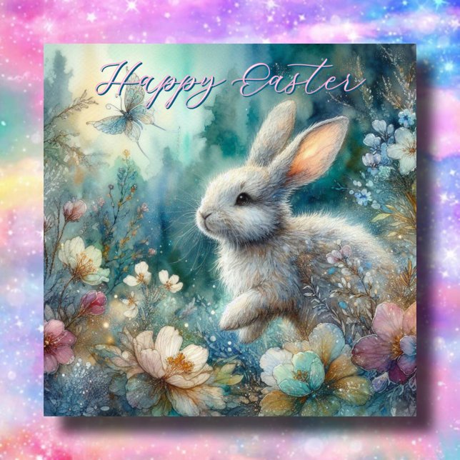 Blue Floral Happy Easter Watercolor Bunny  Holiday Card (Creator Uploaded)
