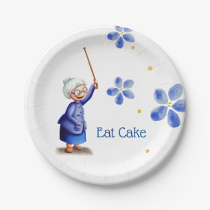 Blue Floral Happy Grandmother with Cane Eat Cake Paper Plates