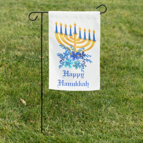 Blue Floral Happy Hanukkah Garden Flag