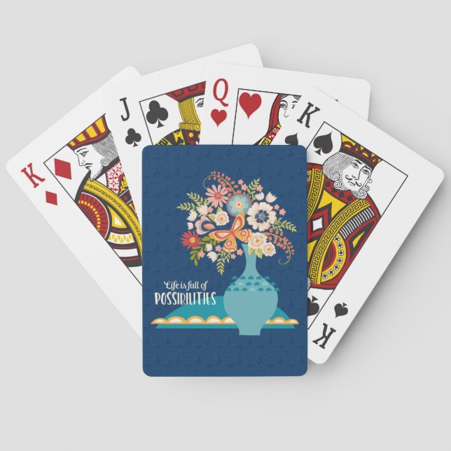 Blue Floral Happy Typography Positive Quote Poker Cards (Back)