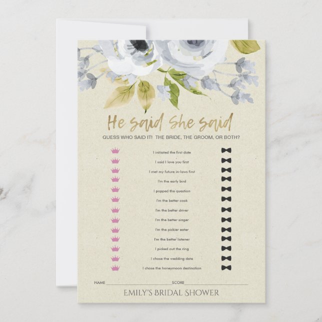 BLUE FLORAL HE SAID SHE SAID BRIDAL SHOWER GAME INVITATION (Front)