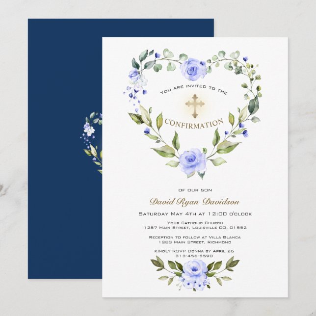 Blue Floral Heart Frame Cross Boy Confirmation Invitation (Front/Back)