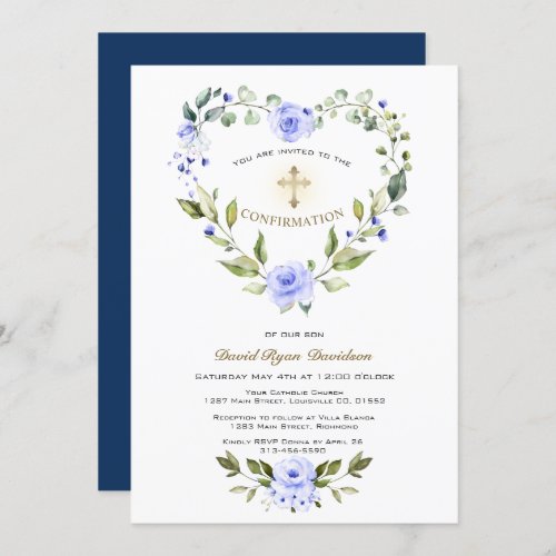 Blue Floral Heart Frame Cross Boy Confirmation Invitation