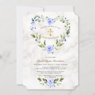 Blue Floral Heart Frame Marble Boy Confirmation Invitation